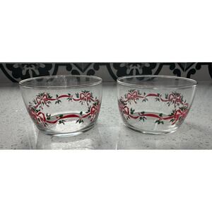 2 VTG Glass Ribbon Holly & Berry Pattern 4 1/4" Bowl w/ Gold Rim Open Candy Dish